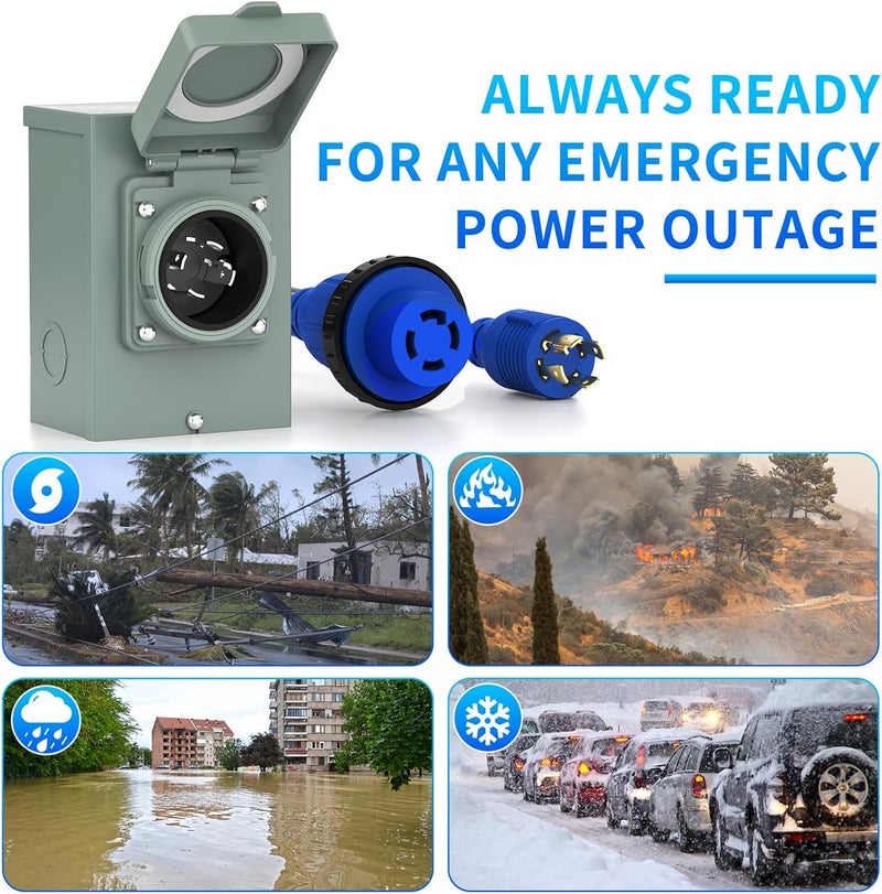 BEBOBLY 30 Amp Power Inlet Box and 15FT Generator Cord, 125V/250V Emergency Power Combo Kit, NEMA 4 Prong Generator Plug, NEMA L14-30P/L14-30R RV Power Extension Cord, Twist Lock - Image 4